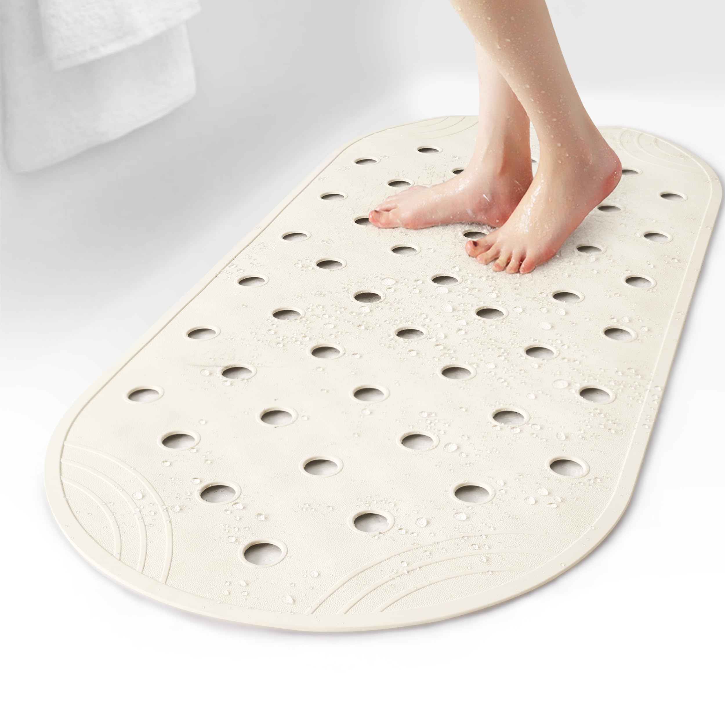 SelfSuite Rubber Bathtub Mat Shower Mat Non-Slip, 31x14 Inch, Bath Tub Floor Mat with Suction Cups and Drainage Holes, Ivory Whi
